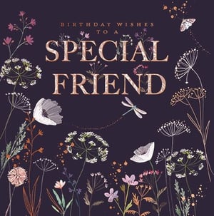 Celebrate a wonderful female friend's birthday with this truly enchanting card. Adorned with a captivating array of delicate wildflowers, a graceful dragonfly, and a charming butterfly, all set against a rich, deep background, it's a visual delight. The elegant 'SPECIAL FRIEND' message takes centre stage, beautifully highlighted with a luxurious, textured finish that adds a touch of sophistication. This card is perfect for conveying your warmest birthday wishes and showing just how much she means to you. A thoughtful and beautiful choice for her special day.