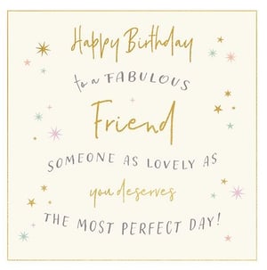 Celebrate those special friendships with our beautiful 'Friend Female' birthday card from Ling. This elegant card features a heartfelt message, 'Happy Birthday to a FABULOUS Friend, Someone as lovely as you deserves THE MOST PERFECT DAY!', rendered in a delightful mix of shimmering gold and soft grey lettering. Adorned with delicate pastel stars and sparkles on a warm, creamy background, it's designed to bring joy and warmth. Perfect for showing appreciation to a wonderful female friend, this card offers a touch of sparkle and sincere sentiment. Available in convenient packs of 6, it's an ideal addition to your greeting card selection, sure to be a popular choice for customers looking for that perfect birthday wish.