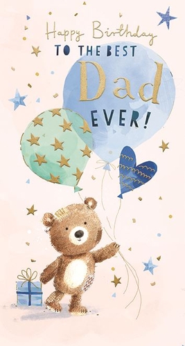 Celebrate Dad's special day with this heartwarming birthday card from Ling. Featuring an adorable teddy bear holding a cluster of colourful balloons, including one proudly proclaiming "Happy Birthday TO THE BEST Dad EVER!", this design is sure to bring a smile.

The charming illustration includes shimmering gold stars, playful confetti, and a sweet little gift, all set against a soft, watercolour-style background. With its delightful blend of blues, greens, and gold accents, this card is perfect for showing appreciation to any wonderful dad.

Available in a convenient pack of 6, ensure your customers can always find the perfect card for their amazing dads.