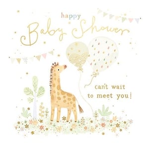 Welcome new arrivals with our utterly charming 'Baby Shower' card, a delightful addition to your greetings card collection. This sweet design features an adorable giraffe amidst a whimsical garden of soft flowers and greenery, all under a sky dotted with golden stars and celebratory bunting. Two lovely balloons, one with elegant gold patterns and another with playful pastel drops, add to the joyous atmosphere. The heartfelt message, 'Happy Baby Shower, can't wait to meet you!', is beautifully rendered in shimmering gold script and a warm, friendly font. Crafted with care by Ling, these cards are perfect for customers celebrating a new arrival. Available in a convenient pack of 6, they promise to bring a smile to any expectant parent.