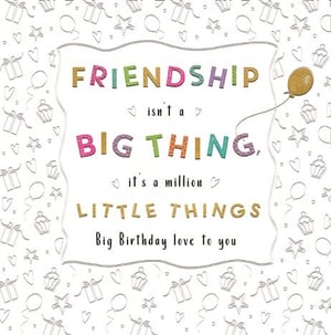 Celebrate the special bond of friendship with this delightful birthday card from Ling. Perfect for a cherished female friend, this card beautifully expresses that 'FRIENDSHIP isn't a BIG THING, it's a million LITTLE THINGS'.
The design features a charming white background adorned with subtle outlines of gifts, cupcakes, stars, and balloons, creating a festive feel. The key message stands out with its vibrant, multi-coloured, and glitter-embellished lettering, adding a touch of sparkle and luxury. A golden balloon illustration further enhances the celebratory theme.
This card offers a warm and heartfelt way to send birthday wishes, making it a popular choice for customers looking for something truly meaningful. Supplied by Ling, each pack contains 6 cards, ready to brighten your shelves and your customers' day.