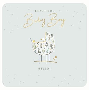 Celebrate the arrival of a precious little one with our delightful 'Birth Congrats Boy' card from Ling. This charming card features a soft, serene blue background adorned with subtle crescent details, setting a wonderfully gentle tone.
The central illustration showcases an adorable baby pram, beautifully decorated with a fresh, botanical leaf pattern. Peeking out from inside are a sweet white duck and a tiny yellow chick, adding a touch of whimsical charm. The elegant gold script proudly announces "BEAUTIFUL Baby Boy," complemented by a warm "HELLO!" below.
Perfect for welcoming a new baby boy, this card offers a heartfelt and stylish way to share congratulations. Available in a convenient pack of 6, it's an essential addition to any greeting card collection. Your customers will adore its tender design and thoughtful message.