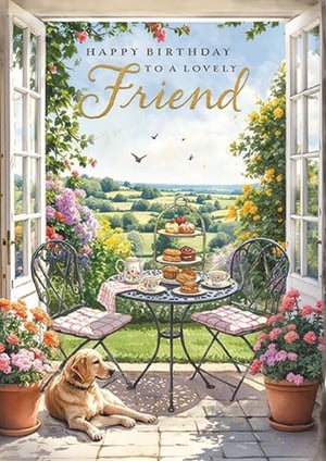 Send warm wishes with this enchanting 'Happy Birthday to a Lovely Friend' card. Featuring a delightful scene, it captures the joy of a peaceful afternoon tea on a sun-drenched patio, overlooking a beautiful rolling countryside. Open French doors frame the idyllic view, adorned with vibrant flowers in bloom. A charming golden retriever rests contentedly by a table laden with delicious treats and a classic tea set, inviting a moment of calm celebration. This beautifully illustrated card is perfect for celebrating a special female friend, offering a truly heartfelt message. It’s a wonderful way to show you care and bring a smile to her day.