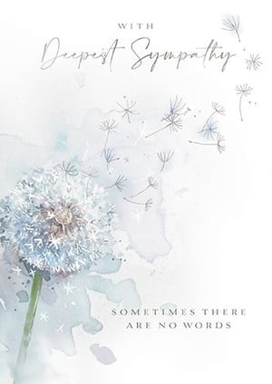 Offer a gentle message of comfort with our 'Sympathy' card, a truly thoughtful design from Ling. This beautiful card features a serene dandelion motif, with delicate seeds gracefully blowing across a soft, watercolour-inspired background. The understated blue and grey tones create a calming and respectful aesthetic.

The heartfelt message, 'WITH Deepest Sympathy' and 'SOMETIMES THERE ARE NO WORDS', provides solace and understanding during difficult times. This elegant card is perfect for customers seeking a sensitive and meaningful way to express their condolences. Available in a convenient pack of 6 (1x6), it's a must-have addition to your greeting card selection.