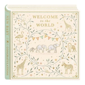 Welcome a precious new arrival with this utterly charming 'Welcome to the World' card from Ling. Adorned with a delightful illustration, the cover features a gentle safari scene, including a loving elephant family, a majestic lion, a graceful giraffe, and a playful zebra, all nestled within a beautiful leafy vine border. Soft, muted tones of cream, sage green, and gold create a serene and heartwarming design, perfect for celebrating a new baby. The spine proudly declares 'New Baby Congratulations', adding to its thoughtful appeal. This card is ideal for conveying warm wishes and heartfelt congratulations to new parents. Available in a convenient pack of 6, it's a lovely addition to any greeting card collection.