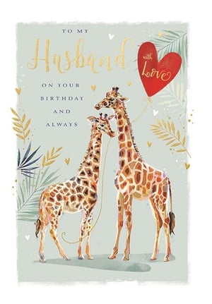 Offer your customers a truly heartwarming choice with this 'Husband' birthday card from Ling. This delightful design features two affectionate giraffes, beautifully illustrated in a soft watercolour style, sharing a vibrant red heart balloon. Adorned with elegant gold accents and the loving message "TO MY Husband ON YOUR BIRTHDAY AND ALWAYS", it's a wonderful way to celebrate a special man. Available in a convenient pack of 6, this card is sure to be a popular pick for those looking to express their love.