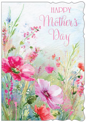 Celebrate Mum with our beautiful 'Open Mothers Day' card, a delightful offering from Out of The Blue Studios Ltd. This exquisite design captures the essence of spring with its vibrant watercolour wildflowers, featuring stunning pink and red poppies alongside delicate greenery. The soft, artistic brushstrokes and dreamy background create a truly special card, perfect for conveying heartfelt Mother's Day wishes. Its charming scalloped edge adds an extra touch of elegance, making it a standout choice for your customers. Supplied in a convenient pack of 6, this card is an ideal addition to your seasonal collection, promising to bring joy and beauty to every celebration.