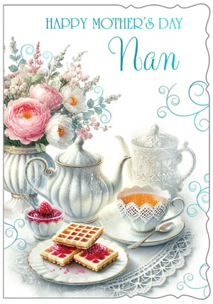 Surprise Nan this Mother's Day with a truly delightful card from Out of The Blue Studios Ltd. This charming design captures the essence of a perfect afternoon tea, featuring elegant white teaware, delicate pink and white floral arrangements, and tempting waffles with raspberry jam. The intricate details and soft, inviting colours create a warm and loving tribute, ideal for showing appreciation to a special Nan. Each pack contains 6 beautiful cards, ensuring your customers can find the perfect way to celebrate. A wonderful choice for your Mother's Day card selection.
