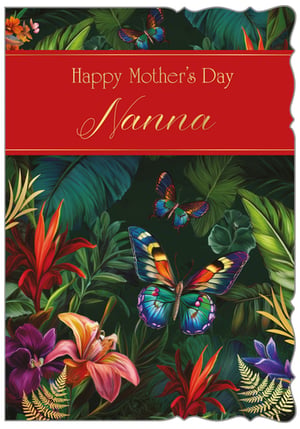 Celebrate Nanna this Mother's Day with our stunning 'Nanna' greeting card! From Out of The Blue Studios Ltd., this card features a truly breathtaking tropical design, bursting with lush green foliage, exotic flowers in vibrant reds, oranges, and purples, and magnificent, colourful butterflies. The elegant gold script on a rich red banner proudly proclaims 'Happy Mother's Day Nanna', making it the perfect heartfelt message for a special grandmother. Its intricate details and vivid colours are sure to stand out on any display. Available in a convenient pack size of 1x6, these cards are ready to bring joy to your customers and their beloved Nannas.