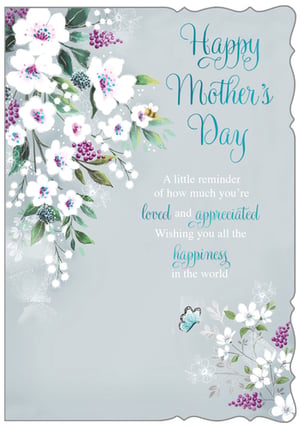 Bring a touch of elegance to your Mother's Day collection with our 'Open Mothers Day' card, supplied by Out of The Blue Studios Ltd. This charming card features a delicate watercolour design of white and purple flowers, lush green foliage, and a sweet blue butterfly, all framed by a decorative edge. The warm message, "Happy Mother's Day, A little reminder of how much you're loved and appreciated, Wishing you all the happiness in the world," is sure to convey heartfelt sentiments. Available in a convenient pack of 6, these cards are perfect for helping your customers celebrate their wonderful mums.