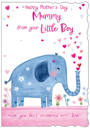 Celebrate Mother's Day with this utterly charming card, "Mummy From Your Little Boy". Featuring an adorable blue elephant showering hearts from its trunk, this design beautifully conveys the message, "Hope you feel showered with love!" The sweet illustration, complete with delicate flowers and a playful feel, makes it the perfect choice for any little boy to send to his wonderful Mummy.

Crafted by Out of The Blue Studios Ltd., these delightful cards are sure to bring a smile. Available in a convenient pack size of 1x6, they are an ideal addition to your Mother's Day card selection. Help your customers express their heartfelt affection with this truly special card.