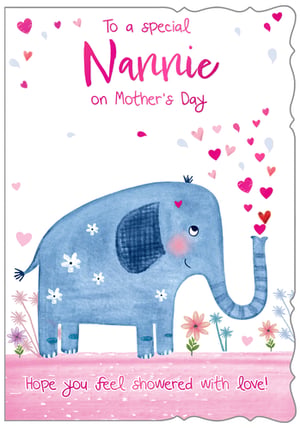 Celebrate Mother's Day with our delightful 'Nannie' card, brought to you by Out of The Blue Studios Ltd. This charming card features an adorable blue elephant, complete with sweet pink cheeks and delicate white flowers, sending a shower of hearts from its trunk. The heartwarming message, 'Hope you feel showered with love!', perfectly complements the tender illustration. Surrounded by floating hearts and a gentle pink border, this card is designed to make any special Nannie feel truly cherished. Available in a convenient pack of 6, it's an ideal choice for retailers seeking a beautifully designed and loving option for Mother's Day celebrations.
