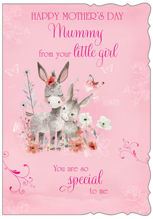 This delightful 'Mummy From Your Little Girl' Mother's Day card, from Out of The Blue Studios Ltd., beautifully captures the special bond between a mother and her daughter. It features a charming illustration of a mummy donkey and her little one, set amidst soft watercolour flowers and delicate butterflies. The gentle pink background and heartfelt message, 'You are so special to me,' make it a wonderful choice for any little girl to express her love. Perfect for your Mother's Day card selection, these cards are available in a convenient 1x6 pack size. A lovely addition to any display.
