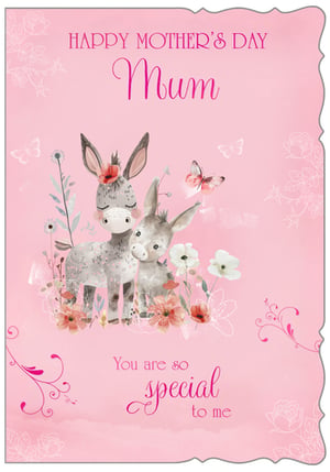 Celebrate Mum this Mother's Day with this utterly charming card, featuring an adorable mother and baby donkey nestled amongst delicate flowers and fluttering butterflies. The soft pink watercolour background and elegant script fonts create a truly heartwarming design, perfect for conveying a special message. With 'HAPPY MOTHER'S DAY Mum' at the top and 'You are so special to me' at the bottom, this card beautifully expresses love and appreciation. Supplied by Out of The Blue Studios Ltd., each pack contains 6 of these delightful 'Mum' cards, ready to bring smiles to your customers' faces.