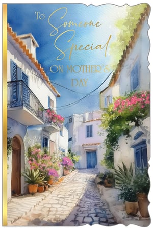 Delight your customers with this truly beautiful Mother's Day card from Out of The Blue Studios Ltd. This exquisite design features a captivating watercolour scene of a sun-drenched Mediterranean street, complete with charming white-washed buildings, blue accents, and an abundance of vibrant pink and purple flowers. Elegant gold foil lettering proudly declares 'To Someone Special ON MOTHER'S DAY', making it a perfect choice for mothers, grandmothers, or any cherished female figure. The picturesque artwork and heartfelt message combine to create a card that feels both warm and special. Supplied in a convenient pack of 6.