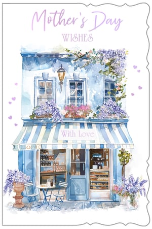 Celebrate Mother's Day with this utterly charming card from Out of The Blue Studios Ltd. Our 'Open Mothers Day' design features a beautiful watercolour illustration of a quaint European-style shop, adorned with delicate lavender and purple flowers. The soft blue and white hues create a serene and inviting scene, complete with a striped awning proclaiming 'With Love'. This artistic card is perfect for conveying heartfelt Mother's Day wishes. Each pack contains 6 cards, ready to delight your customers. Offer a touch of artistic elegance this Mother's Day.