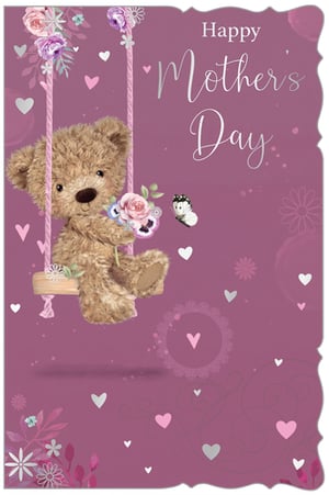 Presenting the delightful "Open Mother's Day" card, a charming design from Out of The Blue Studios Ltd. This beautiful card features an adorable teddy bear, gently swinging on a floral-adorned swing, holding a sweet bouquet of pink and purple flowers. A friendly white butterfly adds a touch of whimsy. The rich plum background is elegantly decorated with scattered hearts and subtle floral patterns, all complemented by the graceful silver "Happy Mother's Day" message. With its scalloped edge and heartwarming scene, this card is perfect for expressing love and appreciation. Supplied in a handy pack of 6, it's ready for your customers.
