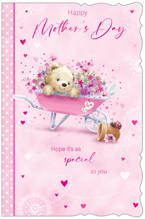 Help your customers celebrate Mum with this charming 'Open Mothers Day' card from Out of The Blue Studios Ltd. Presented in soft pink tones, this delightful design showcases an adorable teddy bear peeking from a wheelbarrow brimming with pretty pink and purple flowers. The heartfelt message, "Hope it's as special as you," beautifully conveys love and appreciation. Scattered hearts and delicate patterns enhance its loving appeal, making it a wonderful choice for Mother's Day. Stock up with this lovely card, available in a convenient pack of 6 (1x6), perfect for retailers.