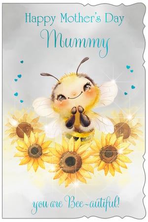 Celebrate Mother's Day with this absolutely charming card, 'Mummy', from Out of The Blue Studios Ltd. Featuring an irresistibly cute, fluffy bee with sparkling eyes and tiny praying hands, surrounded by a vibrant bed of sunflowers, this design is sure to bring a smile. Delicate blue hearts float around, adding an extra touch of sweetness. The heartfelt message, 'Happy Mother's Day Mummy, you are Bee-autiful!', makes it the perfect way to show appreciation. This delightful card is supplied in a convenient pack of 6, ready to brighten any mum's special day.