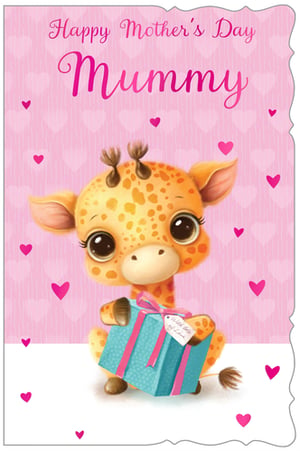 Celebrate Mother's Day with this utterly adorable card, perfect for any 'Mummy'! Featuring a charming baby giraffe with big, sparkling eyes, this card is sure to melt hearts. The sweet giraffe is holding a beautifully wrapped gift, set against a delightful pink background adorned with subtle hearts and the loving message 'Happy Mother's Day Mummy'.

Designed by Out of The Blue Studios Ltd, this card offers a warm and affectionate way to show appreciation. Its heartwarming design makes it an ideal choice for your customers. Available in a convenient pack size of 1x6, ensuring you're well-stocked for the special day. A truly lovely card that will bring a smile to any mother's face.
