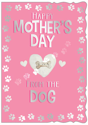 Delight your customers with our charming "Happy Mother's Day From The Dog" card, perfect for pet mums everywhere! This lovely design features a vibrant pink background, elegant silver text, and a playful border of paw prints. At its heart, a sweet white heart cradles a little bone, surrounded by smaller paw prints and hearts, adding an extra touch of warmth. It's the ideal way for any beloved canine companion to send their love and appreciation. Supplied by Out of The Blue Studios Ltd, these popular cards come in a convenient pack size of 1x6, ensuring you're well-stocked for the Mother's Day rush. A truly heartwarming choice for your card selection!