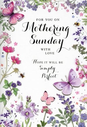 Celebrate Mothering Sunday with this exquisite greeting card from Simon Elvin. Designed with a delicate touch, this card features a charming array of watercolour-style butterflies and vibrant spring flowers in lovely shades of pink, purple, and blue. The elegant script conveys a heartfelt message: "FOR YOU ON Mothering Sunday WITH LOVE, HOPE IT WILL BE Simply Perfect."

Perfect for expressing warm wishes, this beautiful card is sure to delight. Stock up for the occasion with our convenient 1x6 pack size, ensuring your customers have the perfect way to show their appreciation. A truly lovely design that captures the essence of spring and affection.