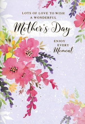 Celebrate Mother's Day with these truly beautiful cards from Simon Elvin. Our 'Open Mothers Day' design features a stunning watercolour floral arrangement, bursting with vibrant pinks, purples, and yellows against a soft, speckled lavender background. The elegant script wishes 'LOTS OF LOVE TO WISH A WONDERFUL Mother's Day' and encourages recipients to 'ENJOY EVERY Moment'.

These cards offer a heartfelt way for customers to show appreciation to any special mum. The artistic design and warm message make them a delightful choice for the occasion. Available in a convenient pack of 6, they are a perfect addition to your seasonal greeting card selection, ensuring you're well-stocked for this special day.