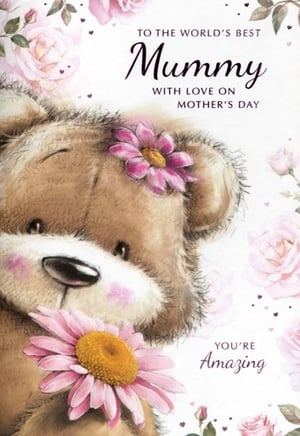 Make Mother's Day extra special with this wonderfully sweet card, designed to warm any Mummy's heart. Featuring an adorable teddy bear clutching a vibrant pink daisy, with another nestled in its ear, the charming illustration is complemented by delicate pink roses and tiny hearts. The heartfelt message, 'TO THE WORLD'S BEST Mummy WITH LOVE ON MOTHER'S DAY' and 'YOU'RE Amazing', perfectly expresses love and appreciation. This delightful card, from trusted supplier Simon Elvin, comes in a convenient pack of 6, making it ideal for retailers looking to offer a truly lovely option for Mother's Day. A beautiful way to celebrate.