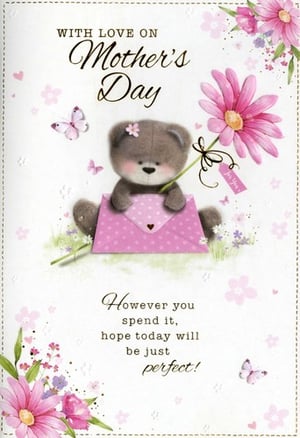 Delight your customers this Mother's Day with this adorable card from Simon Elvin. Featuring a charming teddy bear gently holding a vibrant pink daisy, complete with a sweet 'for you' tag, it's a truly heartwarming design. Delicate butterflies and soft pink floral accents enhance the loving feel. The card's tender message, "However you spend it, hope today will be just perfect!", offers a beautiful sentiment for any mother. Stock up on these lovely cards with our convenient pack of 6, ensuring your customers can share their love and warm wishes this Mother's Day.
