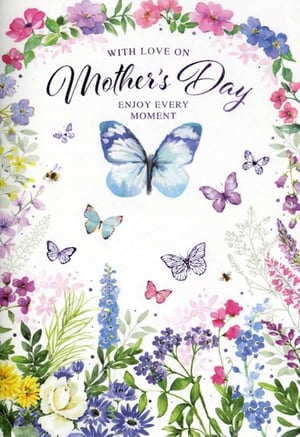 Celebrate Mother's Day with this truly beautiful card from Simon Elvin. Our 'Open Mothers Day' design features a delightful array of vibrant watercolour flowers in shades of pink, purple, blue, and yellow, creating a truly enchanting scene. Delicate butterflies flutter across the card, with a prominent blue butterfly taking centre stage, adding a touch of elegance and charm. The heartfelt message, "With Love on Mother's Day, Enjoy Every Moment," makes this card perfect for any special mum. This gorgeous design is sure to bring a smile to her face. Available in a convenient wholesale pack of 6, it's an essential addition to your Mother's Day card selection.