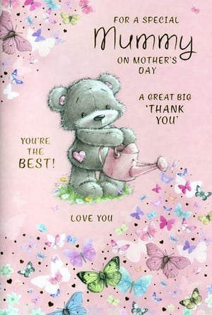Celebrate Mother's Day with this truly adorable 'Mummy' card from Simon Elvin. This charming design features a sweet grey teddy bear lovingly watering flowers, surrounded by a flurry of colourful butterflies on a soft pink background.

The card conveys heartfelt messages including "FOR A SPECIAL Mummy ON MOTHER'S DAY", "A GREAT BIG 'THANK YOU'", "YOU'RE THE BEST!", and "LOVE YOU". It's the perfect way for your customers to show their appreciation and make any Mummy feel extra special.

Supplied in a convenient pack of 6, these delightful cards are an essential addition to your Mother's Day collection.