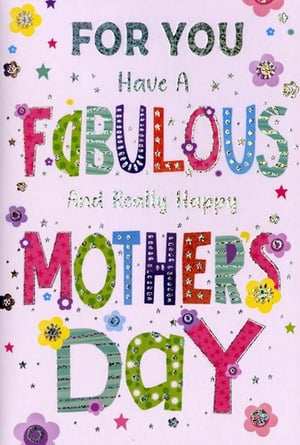 Brighten your Mother's Day card selection with this delightful design from Simon Elvin. This "Open Mothers Day" card features a cheerful and vibrant message: "FOR YOU Have A FABULOUS And Really Happy MOTHER'S DAY."

The eye-catching text is bursting with colour and sparkle, with each letter uniquely patterned in glitter, stripes, and polka dots. Adorned with sweet floral embellishments and scattered stars on a soft pink background, it's the perfect way for customers to express their love and appreciation.

Supplied in a convenient pack of 6, these charming cards are sure to be a popular choice for celebrating mums everywhere. Stock up now and add a touch of sparkle to your seasonal offerings!