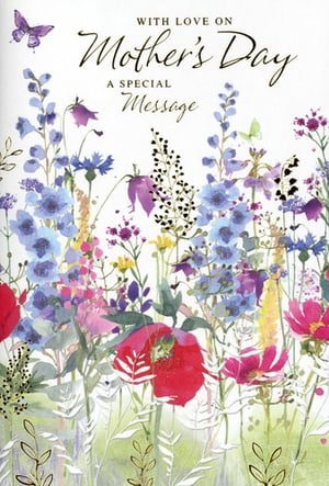 Help your customers celebrate Mother's Day beautifully with this 'Open Mothers Day' card from Simon Elvin. This lovely design features a vibrant watercolour meadow, alive with colourful wildflowers such as cheerful red poppies, elegant blue blooms, and delicate purple bells. A touch of whimsy is added by the butterflies fluttering amongst the blossoms. The card carries the warm message 'WITH LOVE ON Mother's Day A SPECIAL Message', making it a wonderful and versatile choice for any mother figure. Supplied in a convenient pack of 6, these appealing cards are perfect for retailers looking to offer a popular and heartfelt option this Mother's Day.