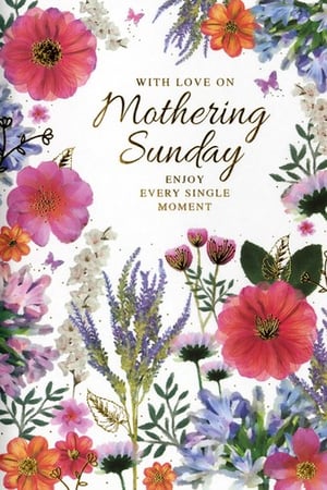 Celebrate Mothering Sunday with this truly beautiful card, designed to bring a smile to any mum's face. Adorned with a stunning array of vibrant flowers in shades of pink, purple, orange, and blue, this card features delicate gold accents and charming butterflies that flutter across the design. The heartfelt message, "With Love on Mothering Sunday, Enjoy Every Single Moment," perfectly captures the warmth and appreciation of the day. It's the ideal way to show your love and make Mothering Sunday extra special.