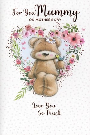 Celebrate Mother's Day with this adorable 'Mummy' card from Simon Elvin. Perfect for showing appreciation, this charming design features a sweet teddy bear nestled within a beautiful heart-shaped floral wreath, complete with delicate pink blooms and a friendly little bird. The bear wears a cute daisy, adding to its endearing appeal.

With the heartfelt message 'For You, Mummy ON MOTHER'S DAY' and 'Love You So Much', this card is sure to bring a smile to any mum's face. The subtle background of tiny hearts adds a lovely finishing touch.

Available in a convenient pack of 6, these delightful cards are an essential addition to your Mother's Day collection, offering a warm and loving sentiment for your customers.