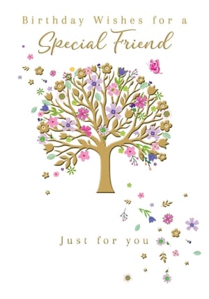 Celebrate a special friend's birthday with this beautiful card from Nigel Quiney Publications. Featuring a charming tree adorned with an array of colourful flowers in pinks, purples, and greens, it's a truly delightful design. A delicate butterfly adds a touch of whimsy, while falling blossoms create a sense of joy. The warm message "Birthday Wishes for a Special Friend" and "Just for you" makes it perfect for conveying heartfelt sentiments. This 'Friend Female' card is available in a convenient pack of 6, making it an ideal addition to your retail collection.