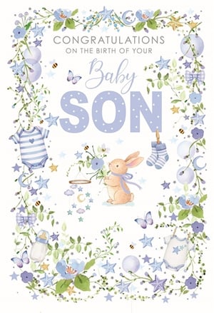 Welcome a precious new arrival with our delightful 'Birth Congrats Boy' card. This charming design features a beautiful watercolour illustration, adorned with soft blue and green foliage, twinkling stars, and adorable baby essentials like a striped onesie and tiny socks. A sweet rabbit holding a mobile adds an extra touch of cuteness. The heartfelt message 'Congratulations on the Birth of Your Baby SON' is perfect for celebrating new parents.
Supplied by Nigel Quiney Publications, these high-quality cards come in a convenient pack of 6, making them an ideal addition to your retail offering. A truly lovely way to share in the joy of a baby boy's birth.