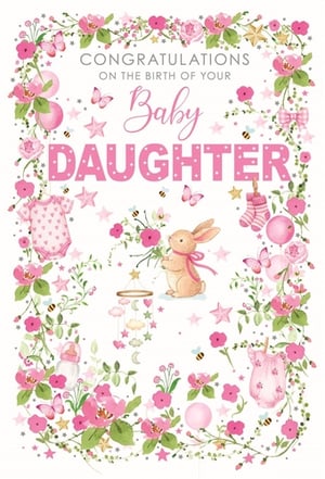 Welcome new arrivals with our enchanting Birth Congrats Girl card, supplied by Nigel Quiney Publications. This beautiful design features a charming floral wreath of pink blooms and lush greenery, surrounding the heartfelt message: "Congratulations on the birth of your Baby DAUGHTER." Adorable illustrations of a sweet bunny, playful butterflies, and tiny bees add a touch of whimsy. Delicate baby items like a tiny romper, socks, and a cot mobile are scattered amongst sparkling stars and balloons, creating a truly delightful scene. Perfect for celebrating a precious new baby girl, this card is sure to bring joy. Available in a convenient pack size of 1x6, it's an ideal choice for retailers looking to offer high-quality, celebratory greeting cards.