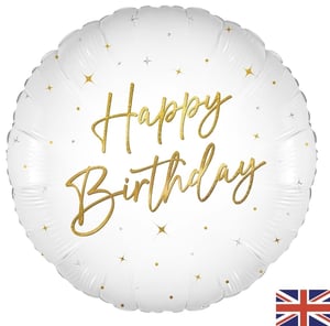 Make every birthday celebration shine with our 18" Elegant Sparkle White Happy Birthday foil balloon! This gorgeous white balloon features a stylish gold glitter 'Happy Birthday' message, beautifully complemented by scattered gold dots and shimmering silver starbursts. Its sophisticated design adds a touch of class to any party decor.

Measuring 18 inches, it's the perfect size to make a statement. Each balloon is supplied individually, ready to delight your customers. A fantastic addition to your party range, ensuring every birthday is celebrated with elegance and sparkle!