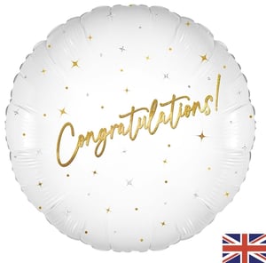Celebrate success in style with our stunning 18" Elegant Sparkle White Congratulations foil balloon! This beautiful balloon features a crisp white background, adorned with a shimmering gold 'Congratulations!' message in an elegant script. Dotted with delicate gold and silver stars and sparkles, it adds a touch of sophistication to any celebration. Perfect for graduations, engagements, new jobs, or any special achievement, this eye-catching balloon is sure to make a statement. Supplied by Oaktree UK Ltd, each balloon comes individually packaged, making it easy for you to stock and sell. A must-have for your party supplies collection!