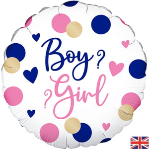 Get ready for the big reveal with our delightful 18" Pink & Navy Gender Reveal balloon! This charming foil balloon is the perfect way to build excitement for expectant parents and their guests. Adorned with playful pink and navy polka dots, sweet hearts, and elegant 'Boy?' and 'Girl?' script, it beautifully captures the anticipation of welcoming a new arrival. Measuring a generous 18 inches, it makes a fantastic centrepiece for any gender reveal party or baby shower. Supplied individually, it’s ready to bring joy and wonder to your customers' special moments. A truly memorable addition to any celebration!