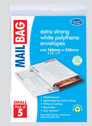 Ensure your small items arrive safely and securely with our Polythene Small Mail Bags from County Paper. Perfect for businesses needing reliable packaging, these extra strong, white polythene envelopes offer superior protection for your goods.

Measuring 160mm x 230mm (6.25" x 9"), they are weatherproof and tear-resistant, keeping contents safe from the elements. Despite their strength, they remain lightweight, helping to keep postage costs down. Each bag features a convenient write-on surface for easy addressing.

What's more, these mail bags are 100% recyclable and made with 30% recycled content, making them an excellent eco-conscious choice. They are also approved for Royal Mail Pricing in Proportion Letter size. Each wholesale pack contains 10 high-quality mail bags, ready for all your dispatch needs.