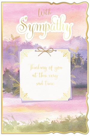 Offer your customers a truly heartfelt way to express their condolences with our elegant 'Sympathy' card, from Out of The Blue Studios Ltd. This beautiful design features a serene watercolour background, blending gentle pinks, purples, and greens for a calming and respectful aesthetic. Gold foil accents, including delicate foliage and a decorative border, add a touch of sophistication. The main message, "With Sympathy," is gracefully presented in gold script, complemented by an inner panel that reads, "Thinking of you at this very sad time." A charming twine bow detail completes this thoughtful card. Each pack contains 6 cards, providing retailers with a sensitive and high-quality option for customers seeking to convey their deepest sympathies.