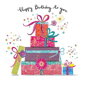 Celebrate her special day with this wonderfully vibrant 'Happy Birthday to you' card from Paper Rose. Featuring a delightful stack of beautifully wrapped gifts, adorned with colourful ribbons and bows, this design is bursting with festive cheer. Each present boasts unique, intricate patterns in a joyful palette of pinks, purples, oranges, and teals, all accented with shimmering confetti details. Perfect for any female recipient, this 'Open Birthday Female' card offers a charming, hand-drawn feel that's sure to bring a smile. Stock up with our convenient 1x6 pack size and add a touch of celebratory sparkle to your greeting card selection.