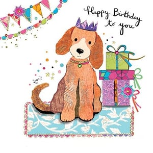 Bring a smile to any birthday girl's face with this utterly charming card from Paper Rose! Featuring an adorable dog, complete with a regal crown and sparkling necklace, this design is bursting with celebratory cheer. Vibrant bunting, playful confetti, and a stack of beautifully wrapped gifts create a truly festive scene. The hand-crafted, collage-style illustration adds a unique and delightful touch. With its sweet 'Happy Birthday to you' message, it's the perfect choice for wishing a special female a wonderful day. Stock up on this delightful design – available in convenient packs of 6.