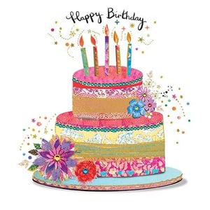 Celebrate a special day with this delightful 'Open Birthday Female' card from Paper Rose. Featuring a beautifully illustrated two-tier cake, adorned with vibrant patterns, intricate floral details, and sparkling confetti, it’s a truly eye-catching design. Five colourful candles add a festive touch, making it perfect for sending warm birthday wishes. This artistic card offers a wonderful way to mark any woman's birthday. Each pack contains 6 cards, ensuring you have plenty of stock of this charming design.