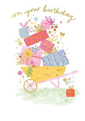 Make her birthday extra special with this lovely "Open Birthday Female" card from Paper Rose. This cheerful design showcases a charming wheelbarrow brimming with colourful, patterned gifts. Delicate flowers and a sweet butterfly flutter around, complementing the elegant "on your birthday" message. It's a wonderful card to send warm wishes and celebrate her day. Available in a convenient pack of 6 (1x6), it's a great choice for your card collection.