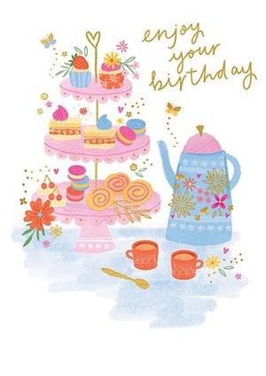 Send warm birthday wishes with this enchanting "Open Birthday Female" card from Paper Rose. This delightful design features a whimsical tea party scene, showcasing a tiered stand laden with an irresistible array of sweet treats – from colourful macarons to charming cupcakes. A beautifully decorated teapot and two teacups complete the festive setting, all adorned with delicate flowers and butterflies. The golden, handwritten "Enjoy your birthday" message adds a touch of sparkle and warmth. Perfect for any female recipient, this charming card is sure to make her day extra special. Available in a handy pack of 6.