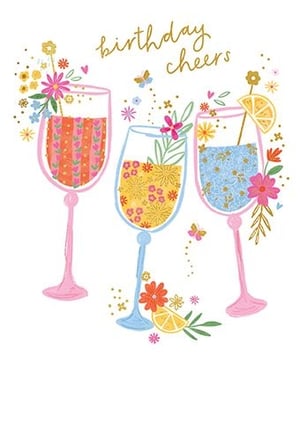 Brighten any celebration with this delightful 'Birthday Cheers' card from Paper Rose. This charming design features three beautifully illustrated drinks, each brimming with vibrant colours and intricate floral patterns. Golden sparkles, delicate flowers, and playful butterflies dance around the glasses, creating a truly festive feel. The elegant, handwritten "birthday cheers" message adds a personal touch. Perfect for sending warm wishes to any female recipient, this card is sure to bring a smile. Available in a convenient pack of 6, it's an essential addition to your greeting card selection.