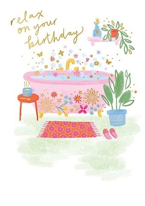 Help her celebrate her special day with this delightful 'Relax on Your Birthday' card from Paper Rose. Featuring a charming illustration of a bubble bath adorned with colourful flowers and butterflies, it's a wonderful way to encourage some well-deserved pampering. Complete with a steaming mug, cosy slippers, and lush houseplants, this card evokes pure relaxation. The elegant gold foil lettering adds a touch of luxury. Ideal for any female recipient, these vibrant cards are supplied in a convenient pack of 6.